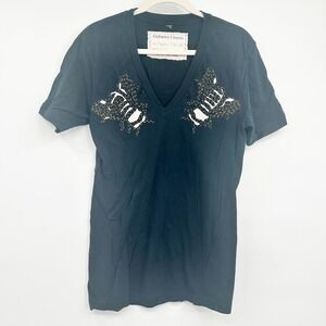 Alabama Chanin Womens Organic Cotton Hand Stitched Artisan V-Neck Tee Black M